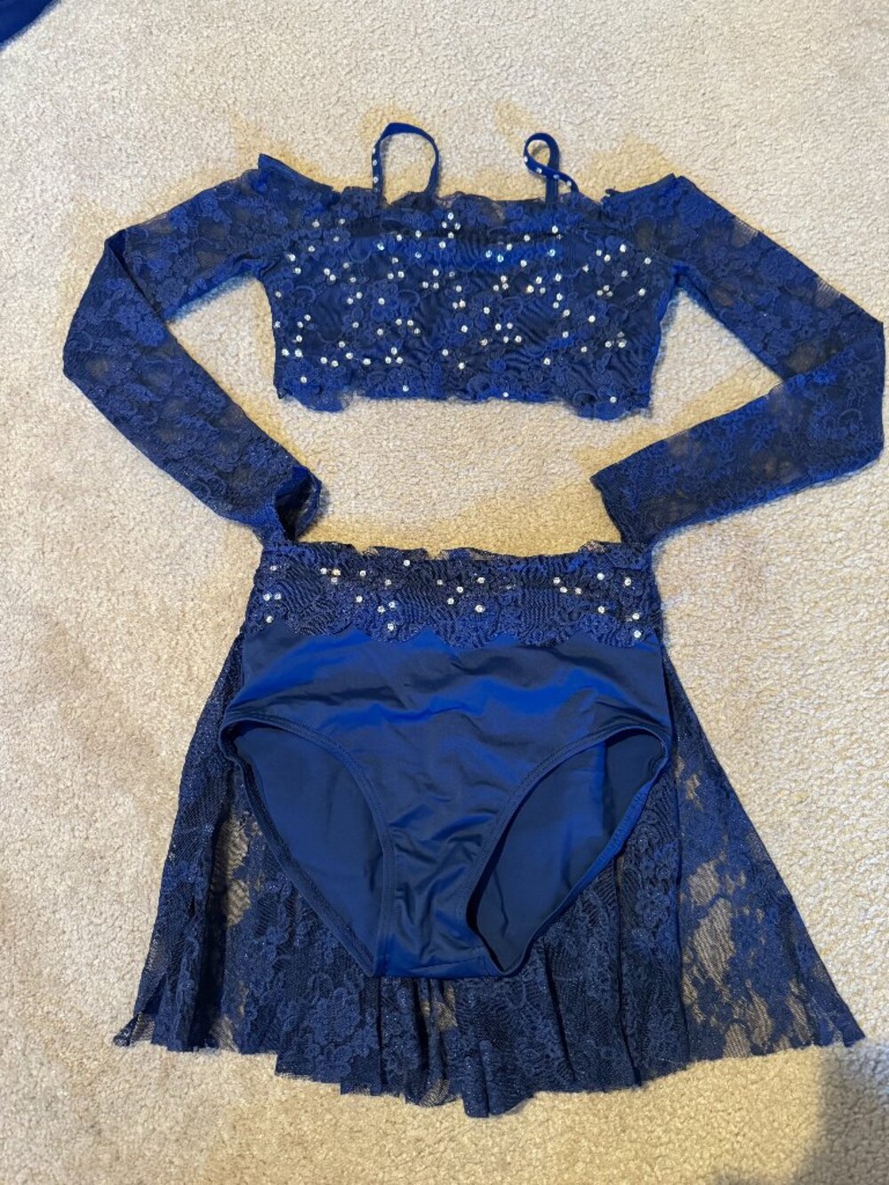 Navy Blue Lace 2-Piece Dance Costume - Crop Top & Skirt Brief - Bedazzled